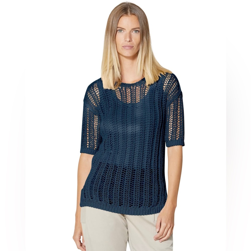 Navy elbow-sleeve open-knit summer sweater